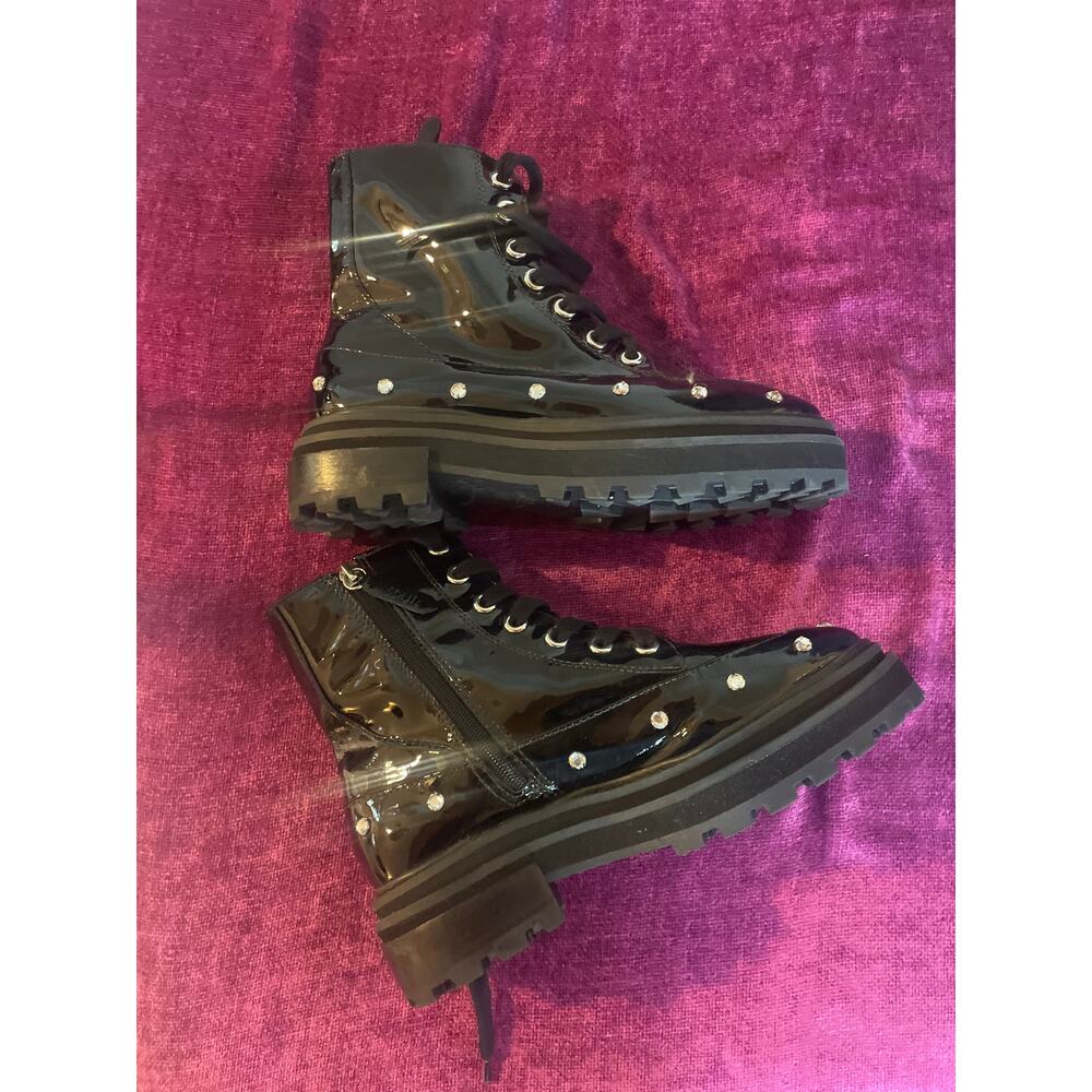 SCHUTZ Abeli Patent Leather Combat Boot Black Lug Sole 7.5 w Gems GOTH GRUNGE - Picture 4 of 7